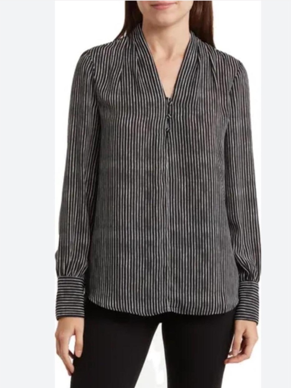 AP L Black White Pin Stripe Long Sleeve V-Neck Stand Up Collar Blouse